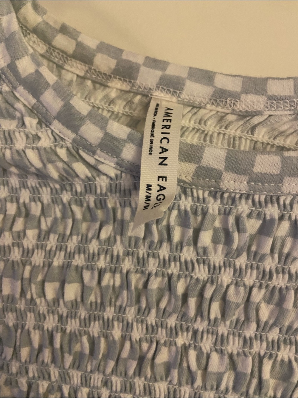 American Eagle Outfitters Light Blue and White Smocked Short Sleeve Shirt